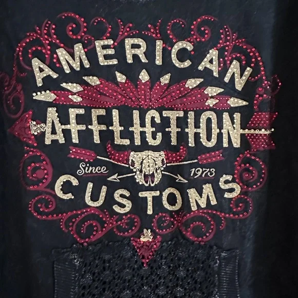 NWOT Affliction Black Mineral Washed Jeweled Graphic Crochet Cotton Top Size S - Picture 2 of 9